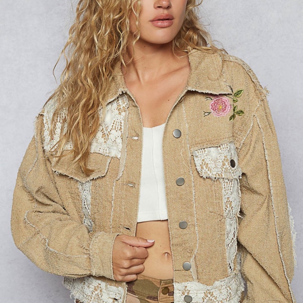 New POL Clothing Twill Jacket Shacket Embroidered Peace Floral Lace Button Tan - Picture 7 of 10